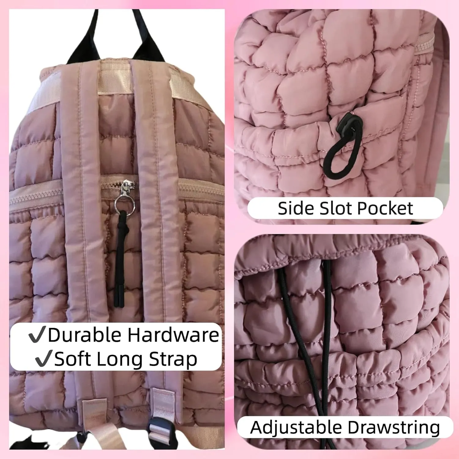 Quilted Puffy Backpack for Women Lightweight Puffer Hiker Pack Drawstring Padding Travel Gym Bag Casual Daypack (gray-pink)