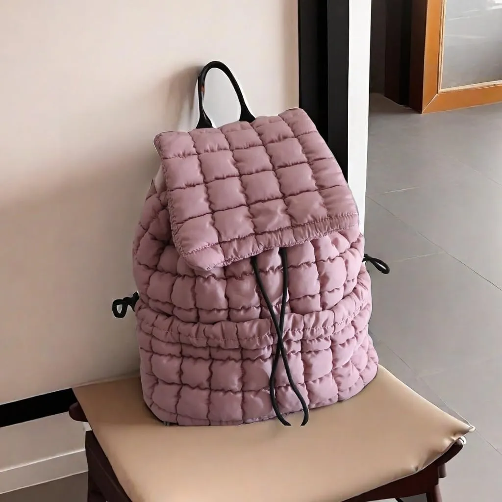 Quilted Puffy Backpack for Women Lightweight Puffer Hiker Pack Drawstring Padding Travel Gym Bag Casual Daypack (gray-pink)