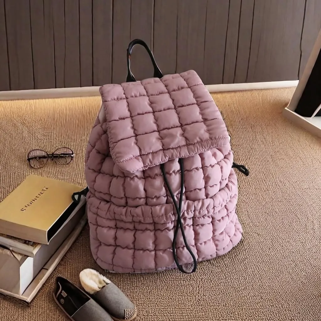 Quilted Puffy Backpack for Women Lightweight Puffer Hiker Pack Drawstring Padding Travel Gym Bag Casual Daypack (gray-pink)