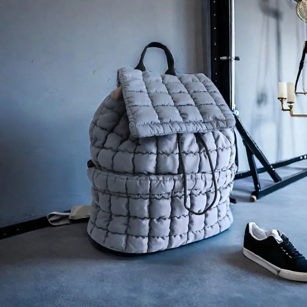 Quilted Puffy Backpack for Women Lightweight Puffer Hiker Pack Drawstring Padding Travel Gym Bag Casual Daypack (Gray)