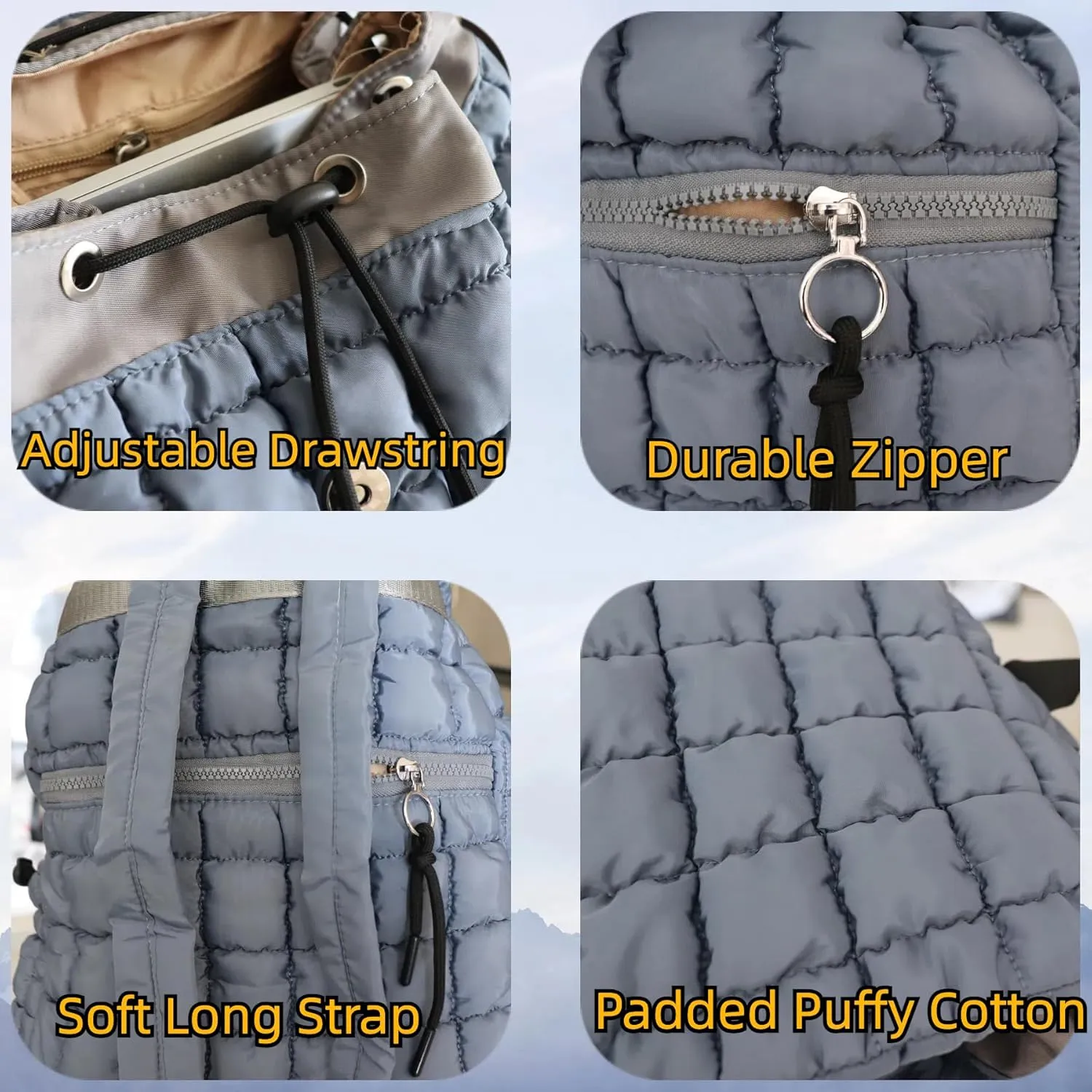 Quilted Puffy Backpack for Women Lightweight Puffer Hiker Pack Drawstring Padding Travel Gym Bag Casual Daypack (Gray)
