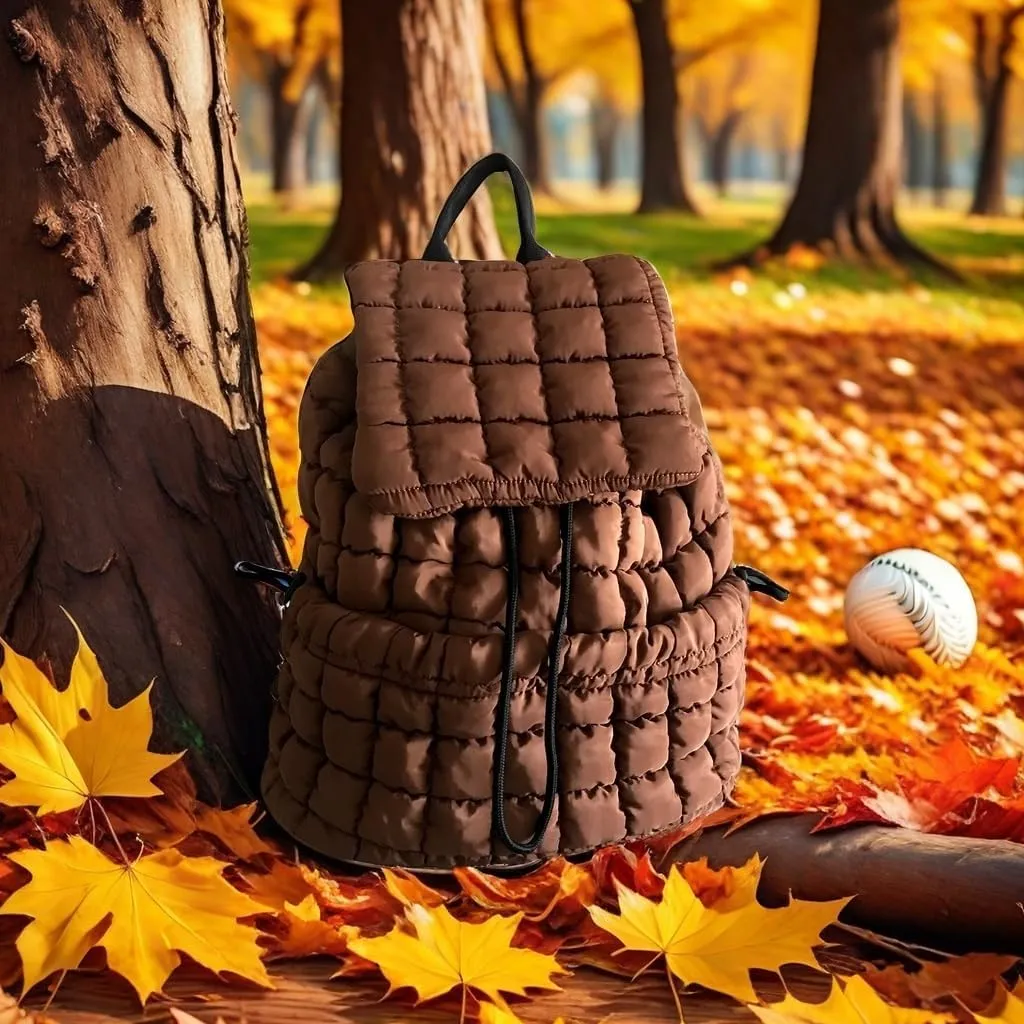 Quilted Puffy Backpack Nylon Casual Daypack Lightweight Quilted Travel Daypack Backpack for Women (Brown2)
