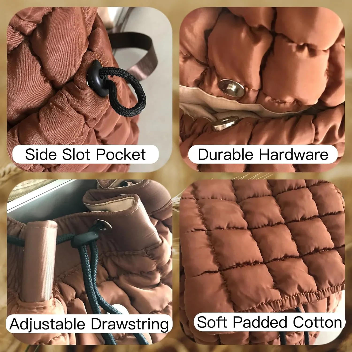 Quilted Puffy Backpack Nylon Casual Daypack Lightweight Quilted Travel Daypack Backpack for Women (Brown2)