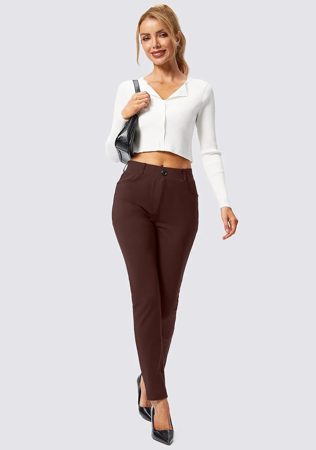 Rammus Womens Yoga Dress Pants with Pockets Stretch Work Leggings for Women Pull On Skinny Slacks for Business Office Casual