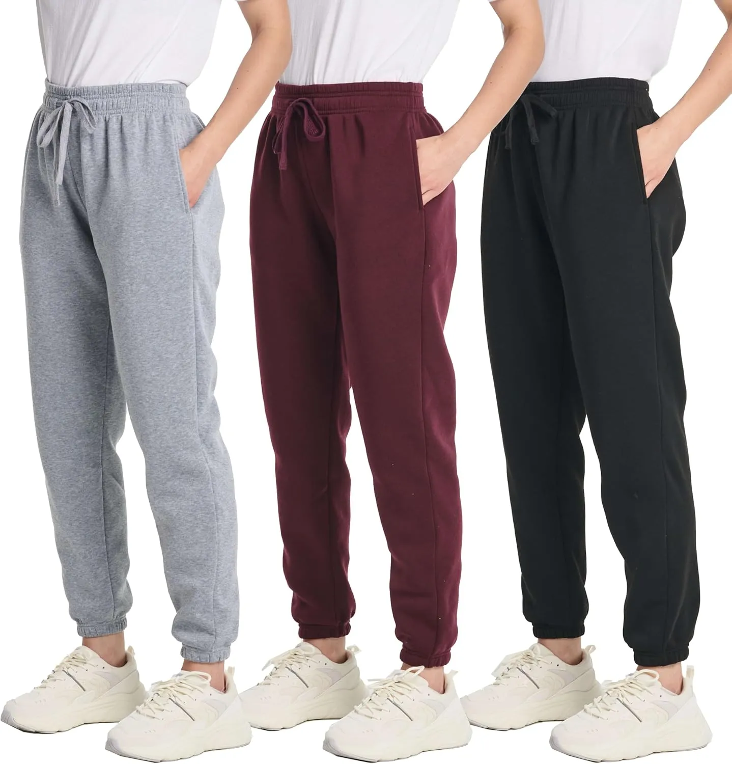 Real Essentials 3 Pack: Women's Fleece Jogger Sweatpants (Available in Plus Size)