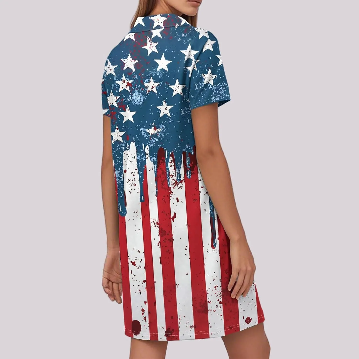 Red White and Blue Summer Dress for Women 4Th of July Tshirt Dress Midi Collared V Neck Short Sleeve A Line Dresses