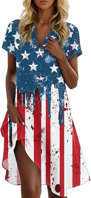Red White and Blue Summer Dress for Women 4Th of July Tshirt Dress Midi Collared V Neck Short Sleeve A Line Dresses