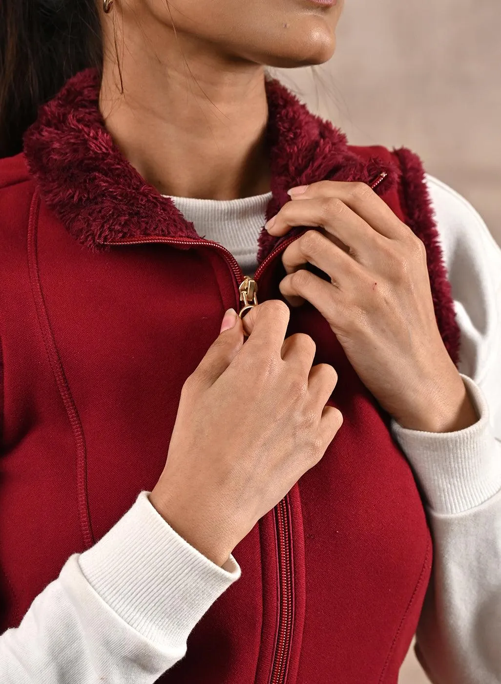 Red Zip-front Sleeveless Fur Jacket
