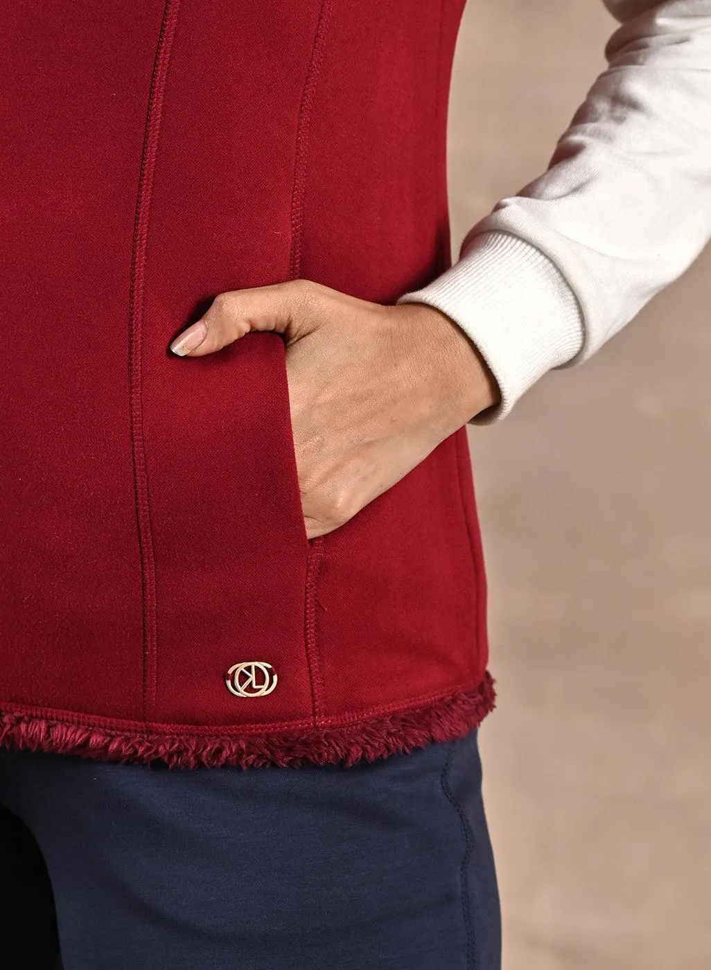 Red Zip-front Sleeveless Fur Jacket