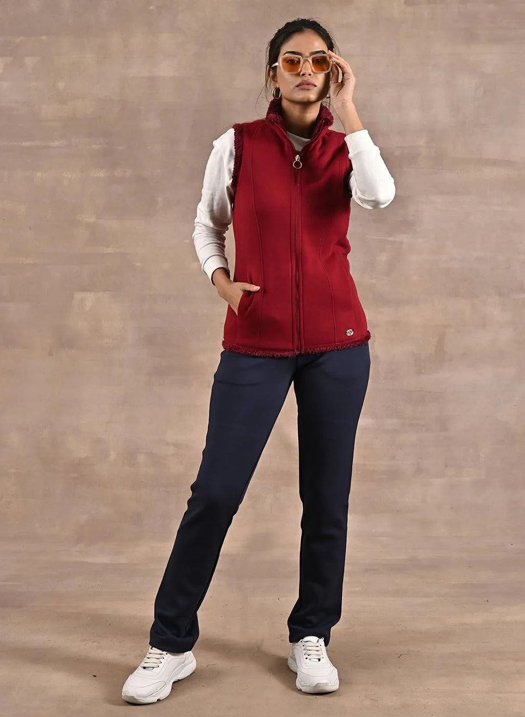 Red Zip-front Sleeveless Fur Jacket