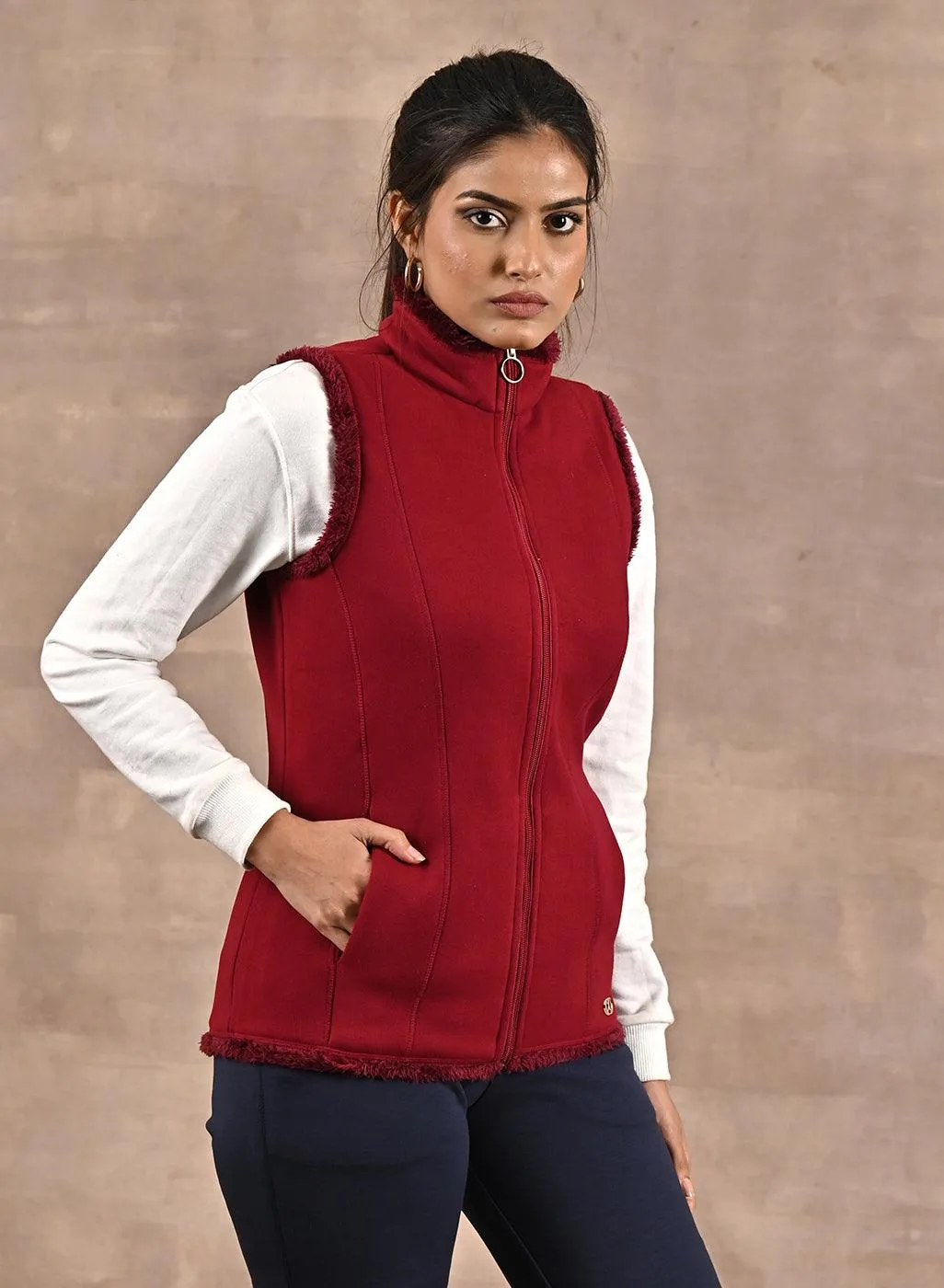 Red Zip-front Sleeveless Fur Jacket