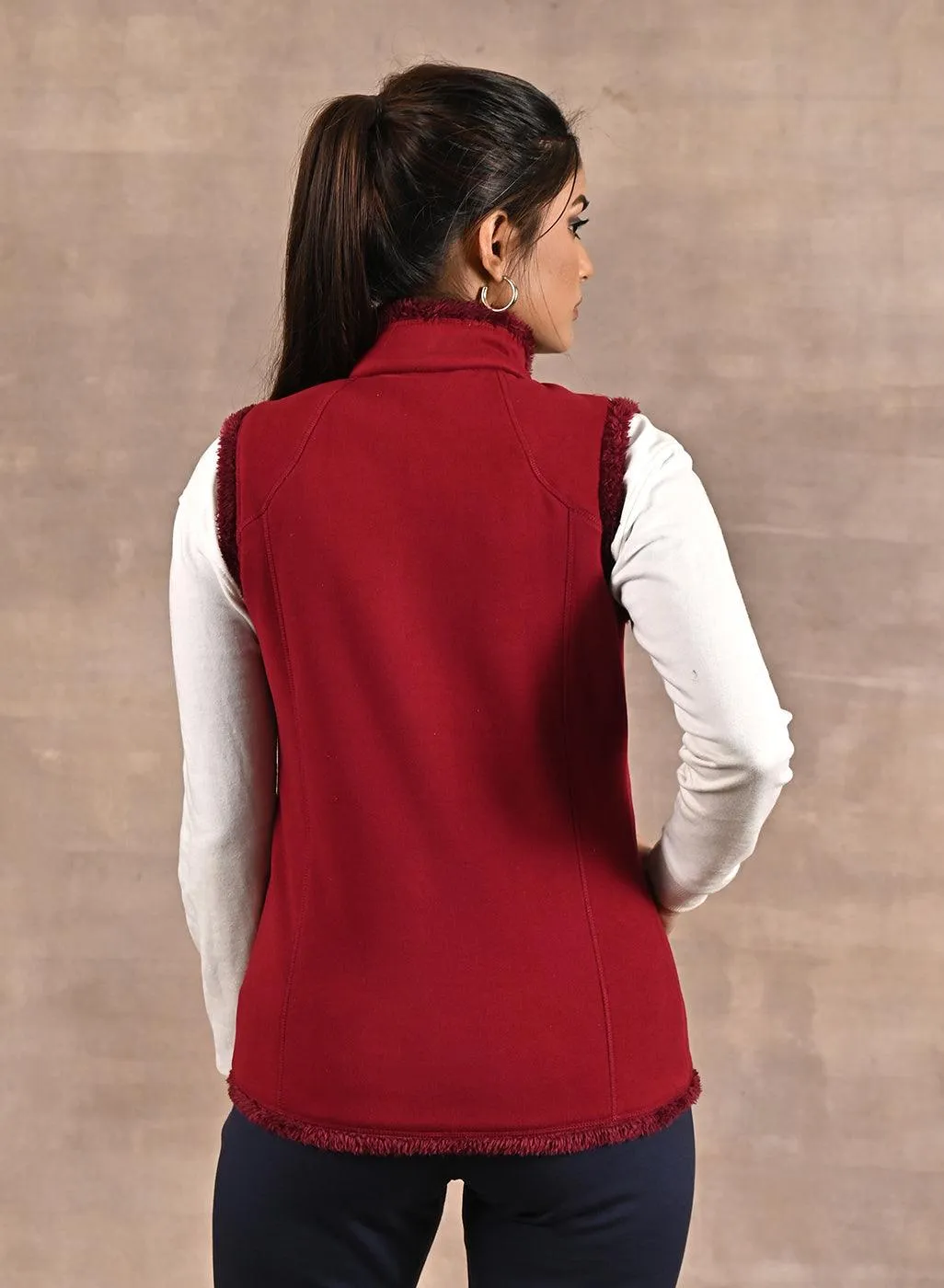 Red Zip-front Sleeveless Fur Jacket
