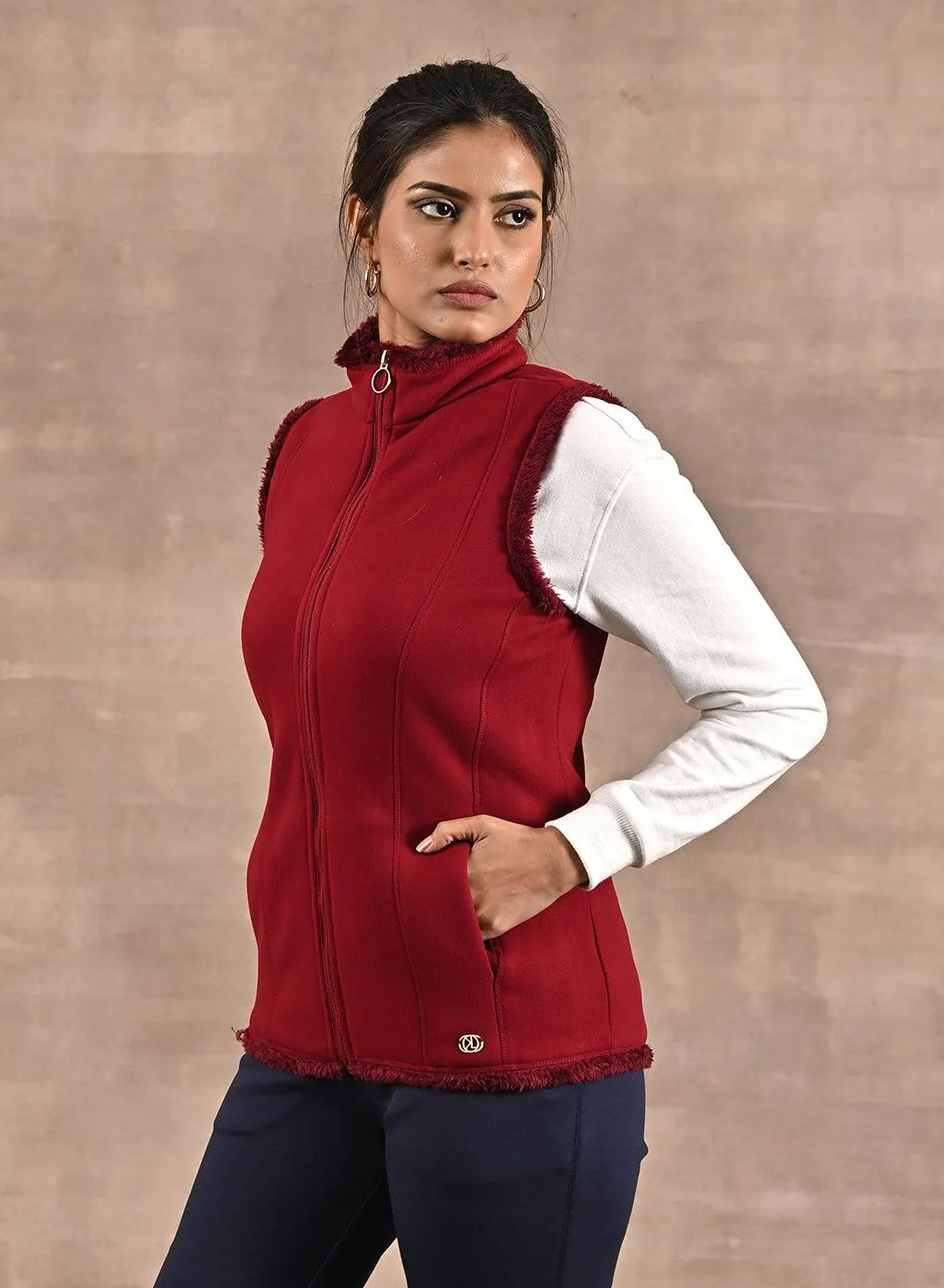 Red Zip-front Sleeveless Fur Jacket