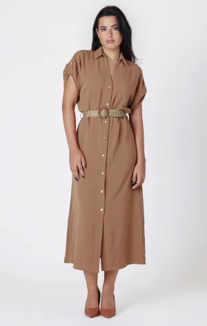 Room 34 Belted Shirt Dress || Camel