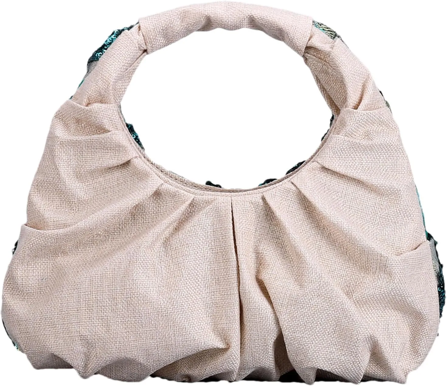 Ruched Tote Bag with Floral Embroidery & Sequins for Women Small Hobo Handbag for Evening Parties Wedding