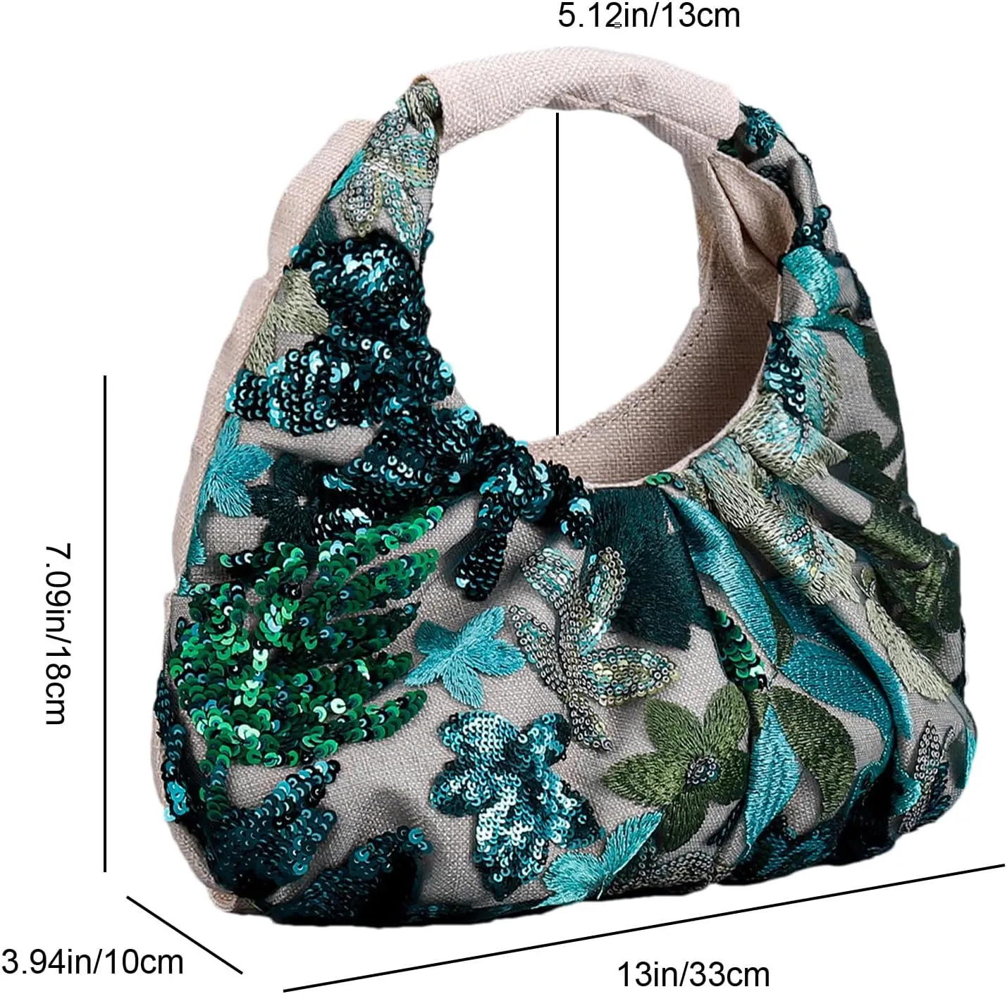 Ruched Tote Bag with Floral Embroidery & Sequins for Women Small Hobo Handbag for Evening Parties Wedding