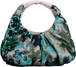 Ruched Tote Bag with Floral Embroidery & Sequins for Women Small Hobo Handbag for Evening Parties Wedding