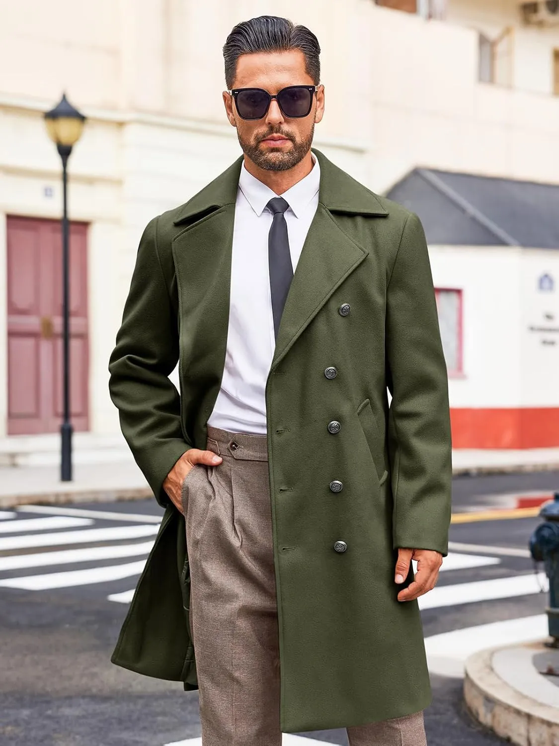 Runcati Mens Double Breasted Trench Coat Notch Lapel Peacoat Mid Long Winter Classic Overcoat