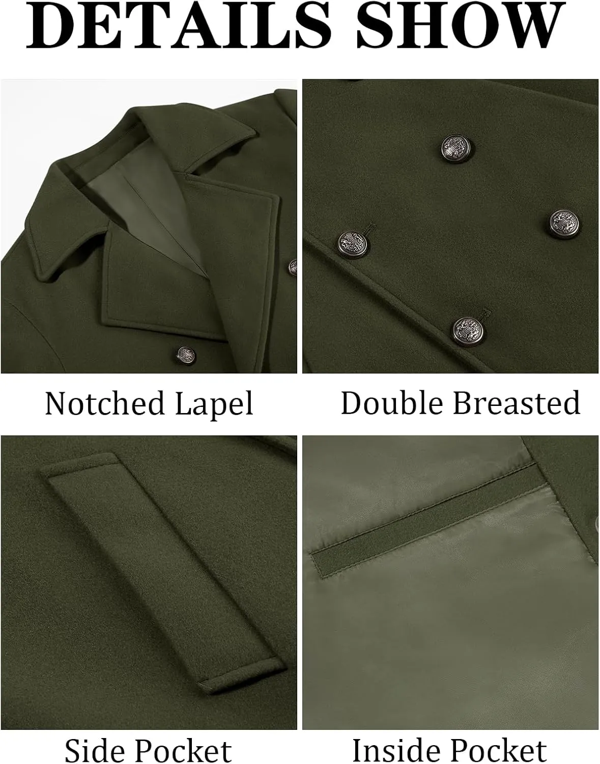 Runcati Mens Double Breasted Trench Coat Notch Lapel Peacoat Mid Long Winter Classic Overcoat