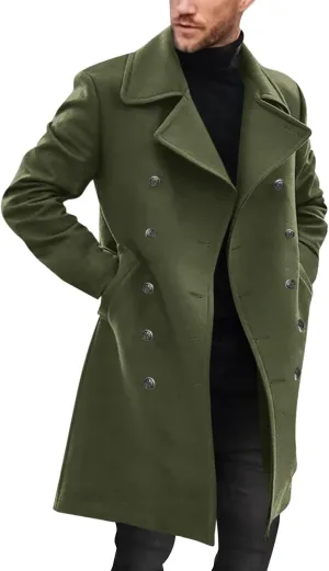 Runcati Mens Double Breasted Trench Coat Notch Lapel Peacoat Mid Long Winter Classic Overcoat