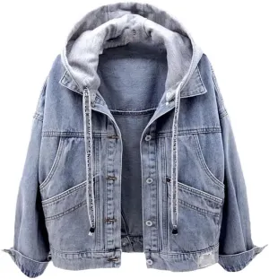 SaoBiiu Women Denim Jacket Blue Hooded Turn-Down Collar Loose Button Patchwork Outwear Female Casual Jean Coat