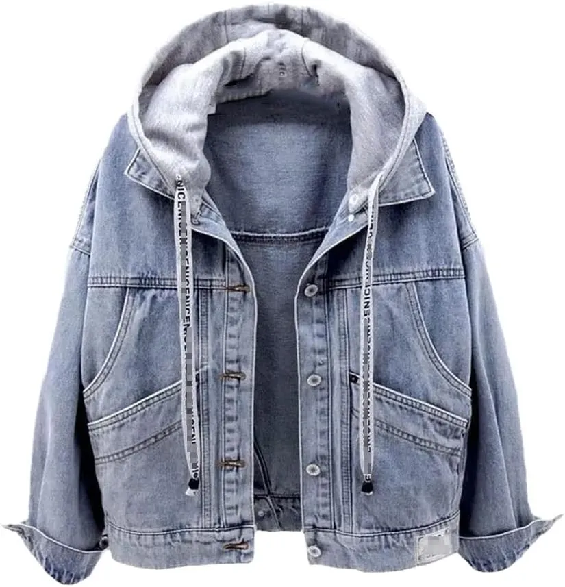 SaoBiiu Women Denim Jacket Blue Hooded Turn-Down Collar Loose Button Patchwork Outwear Female Casual Jean Coat