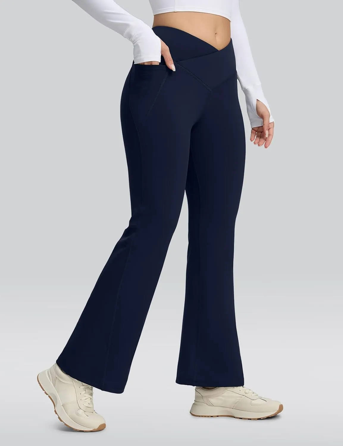 Seamaid Women's Fleece Lined Pants 30" Water Resistant Crossover Flare Leggings Winter Bell Bottom Yoga Pants with Pockets