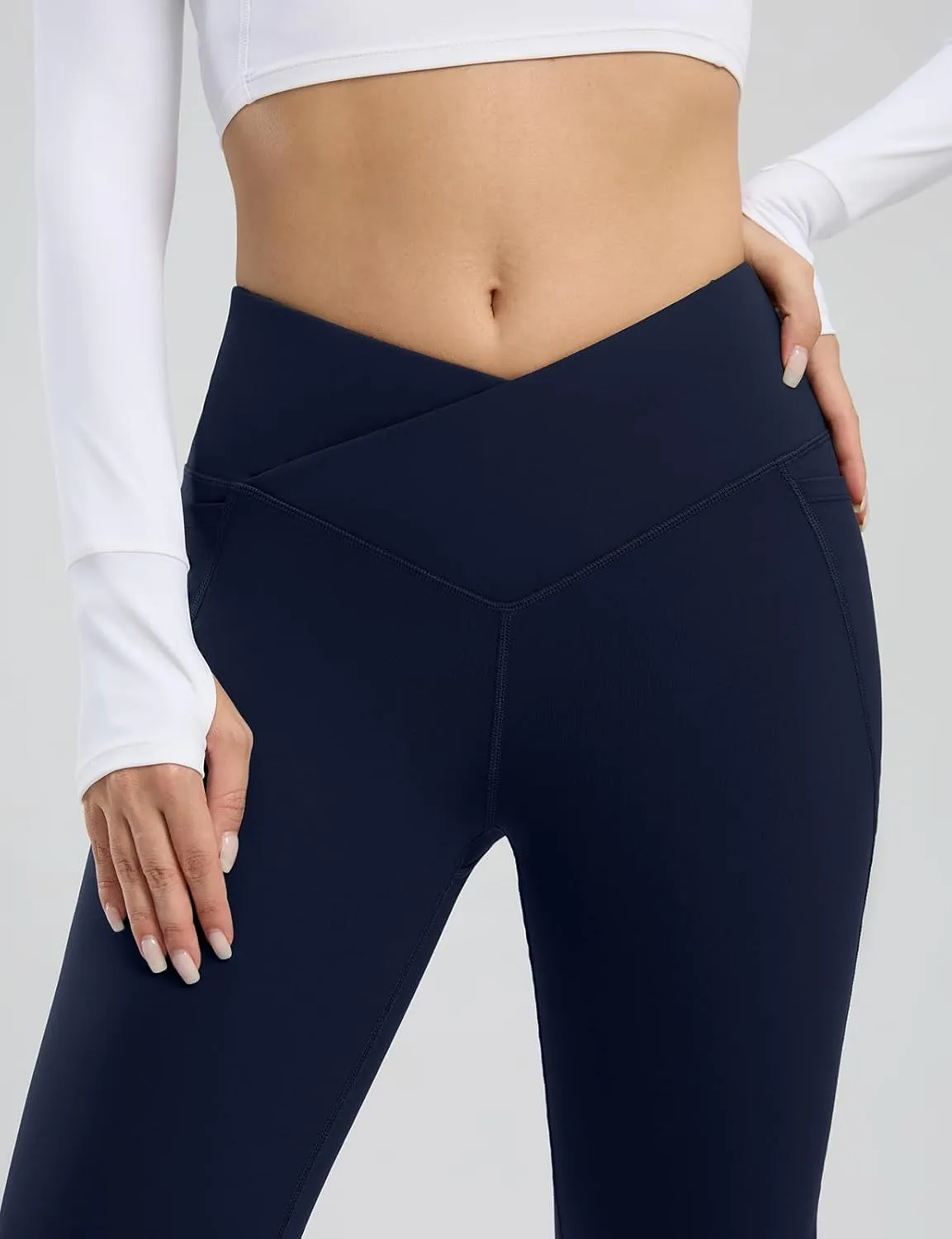 Seamaid Women's Fleece Lined Pants 30" Water Resistant Crossover Flare Leggings Winter Bell Bottom Yoga Pants with Pockets