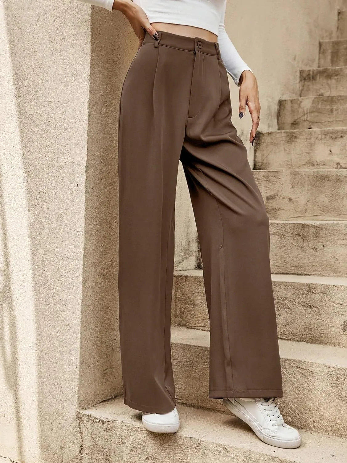 SECOLI Women's Straight Wide Leg Trousers Pants Chocolate Brown High Waist Straight Leg Pants