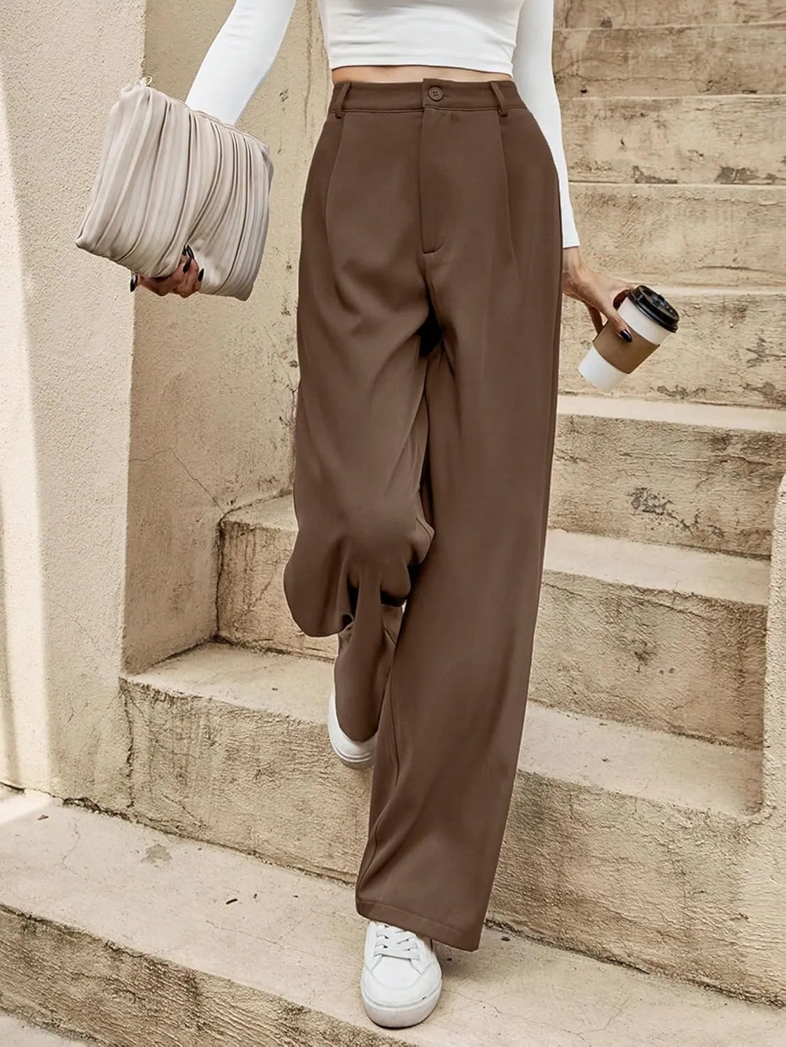 SECOLI Women's Straight Wide Leg Trousers Pants Chocolate Brown High Waist Straight Leg Pants