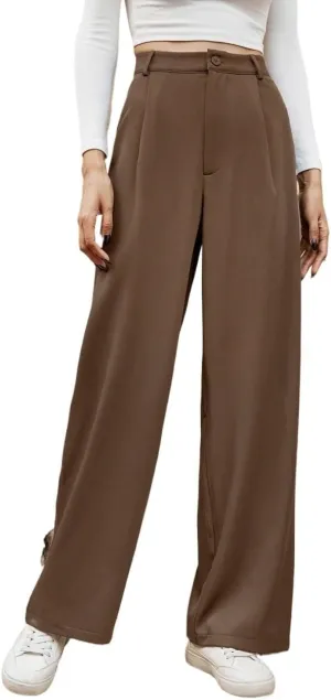 SECOLI Women's Straight Wide Leg Trousers Pants Chocolate Brown High Waist Straight Leg Pants