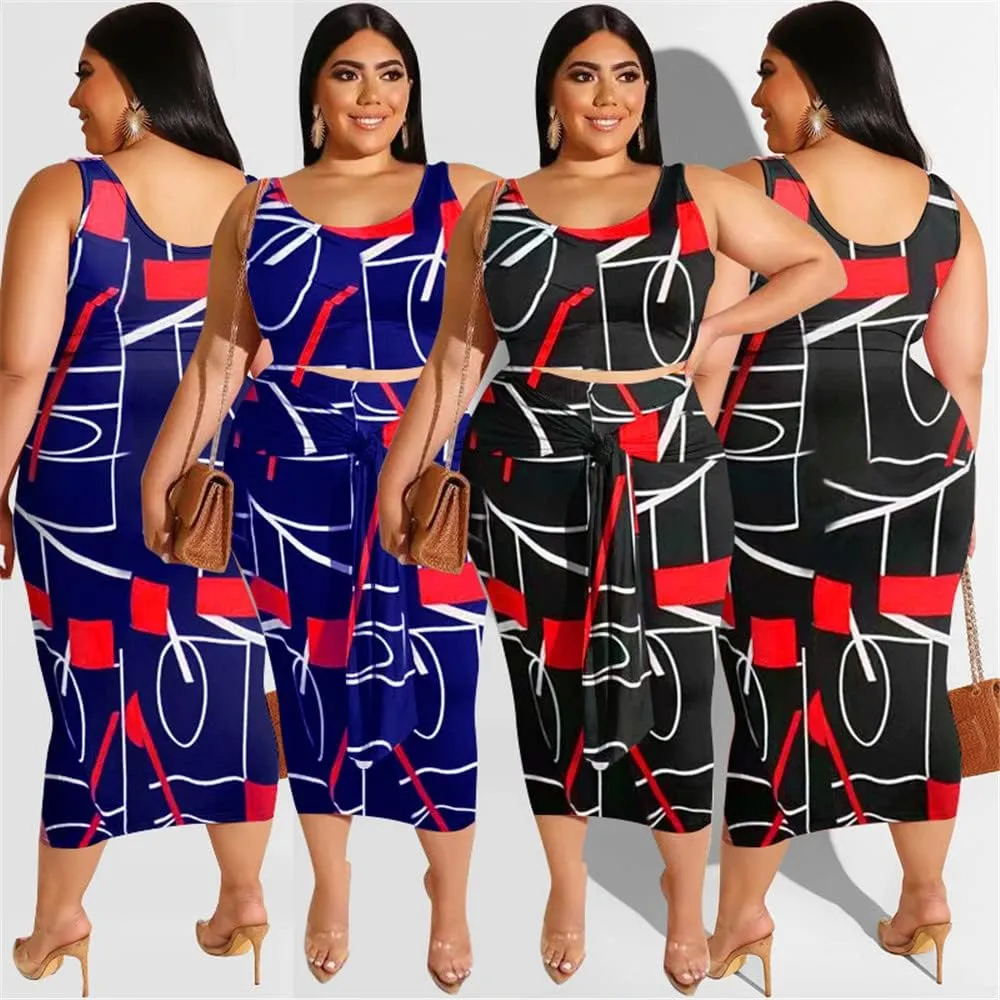 Sexy Plus Size 2 Piece Skirt Set for Women Midi Dress Outfits-Solid Tie Dye Sleeveless Tank Top Skirts Set Casual