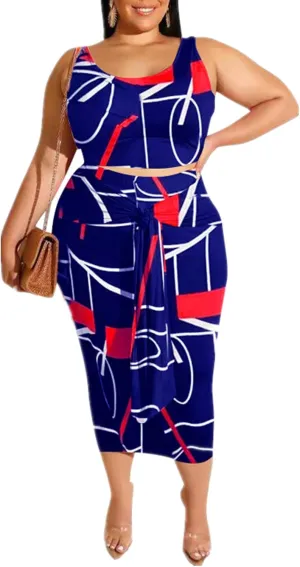 Sexy Plus Size 2 Piece Skirt Set for Women Midi Dress Outfits-Solid Tie Dye Sleeveless Tank Top Skirts Set Casual