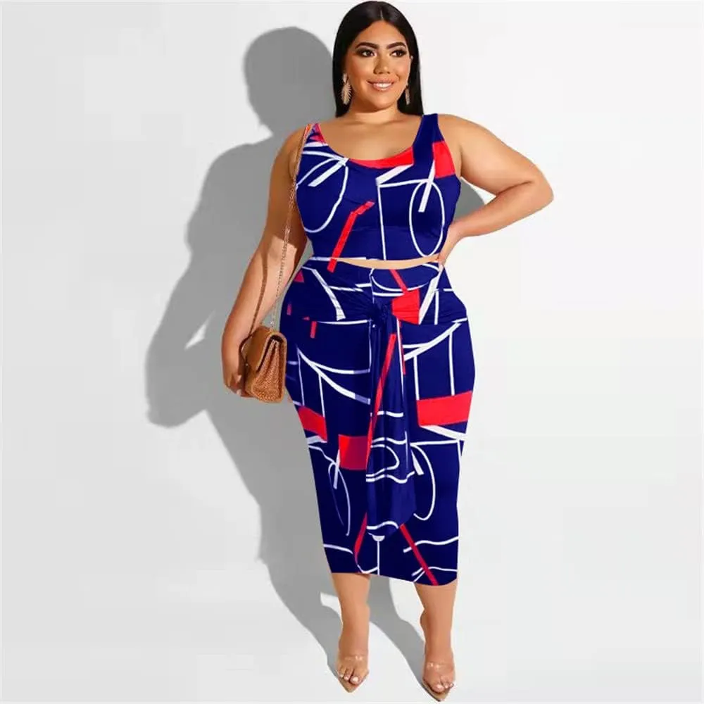 Sexy Plus Size 2 Piece Skirt Set for Women Midi Dress Outfits-Solid Tie Dye Sleeveless Tank Top Skirts Set Casual
