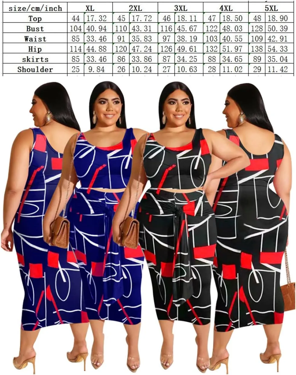 Sexy Plus Size 2 Piece Skirt Set for Women Midi Dress Outfits-Solid Tie Dye Sleeveless Tank Top Skirts Set Casual