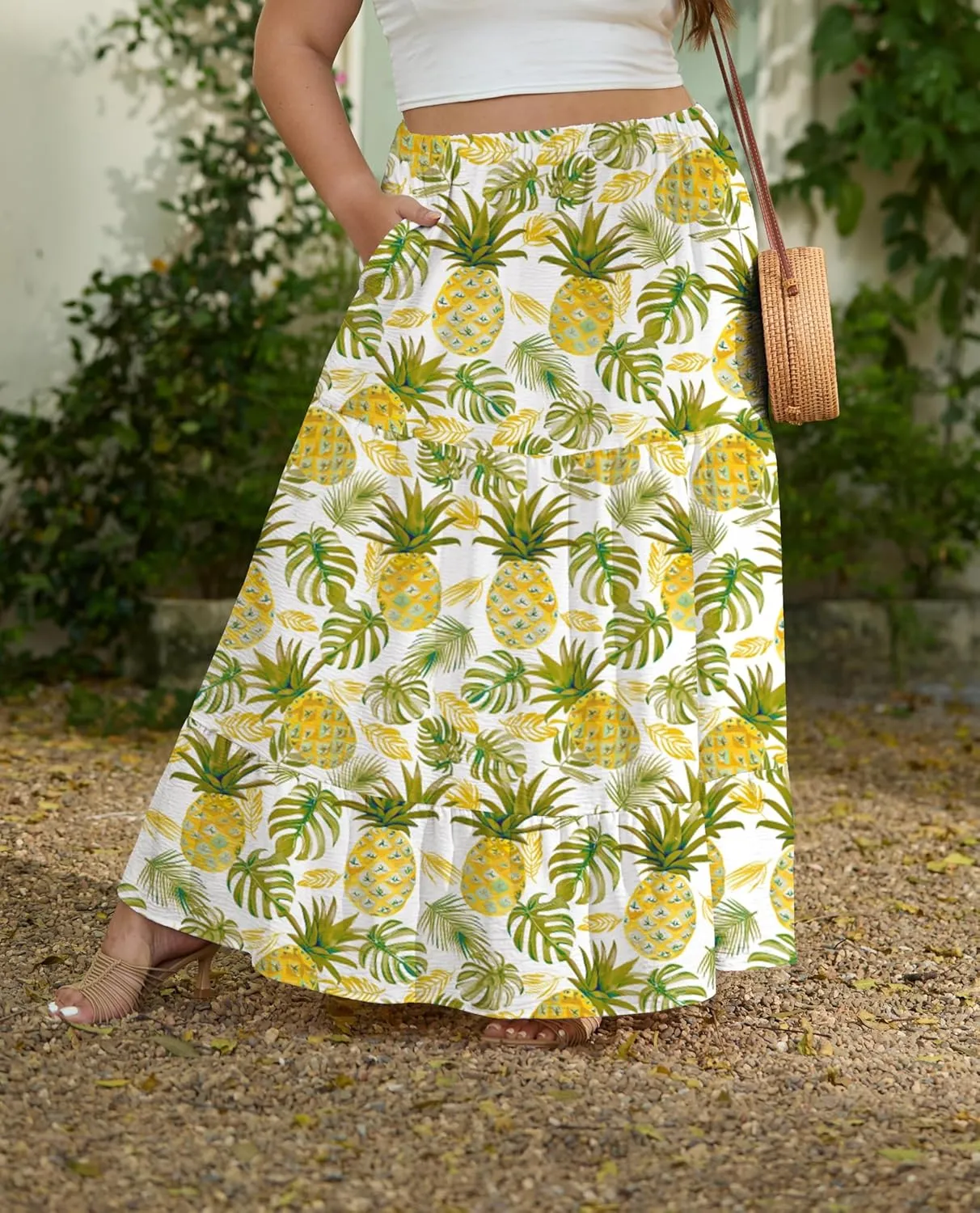 SHIJIALI Women's Plus Size Casual Boho High Waisted Flowy Maxi Skirts Trendy Floral Pleated Long Skirts with Pockets