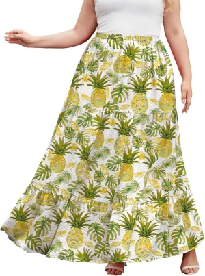 SHIJIALI Women's Plus Size Casual Boho High Waisted Flowy Maxi Skirts Trendy Floral Pleated Long Skirts with Pockets