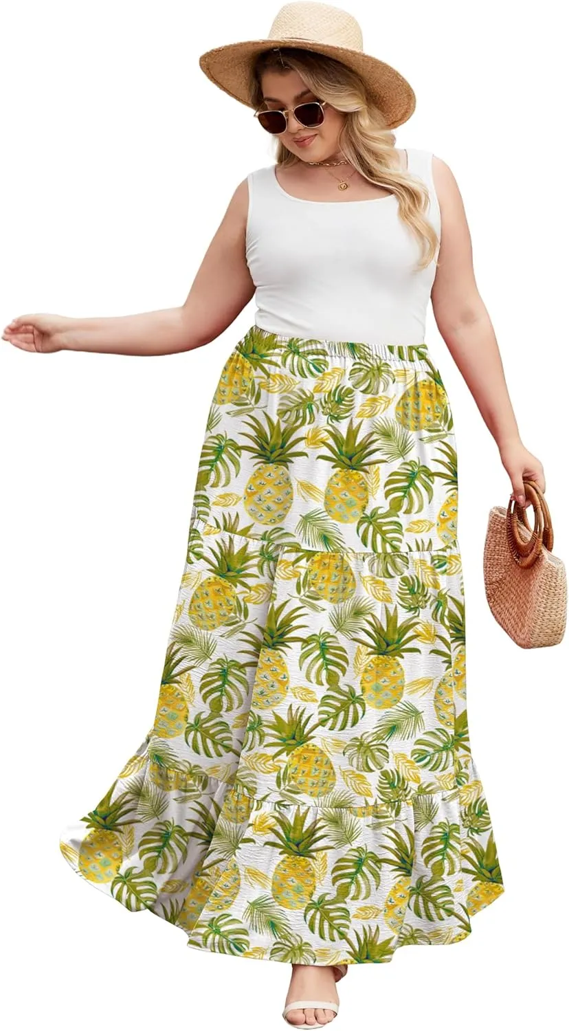 SHIJIALI Women's Plus Size Casual Boho High Waisted Flowy Maxi Skirts Trendy Floral Pleated Long Skirts with Pockets