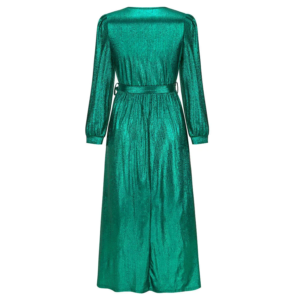 Shinny Long Sleeve Tie Waist Maxi Dress