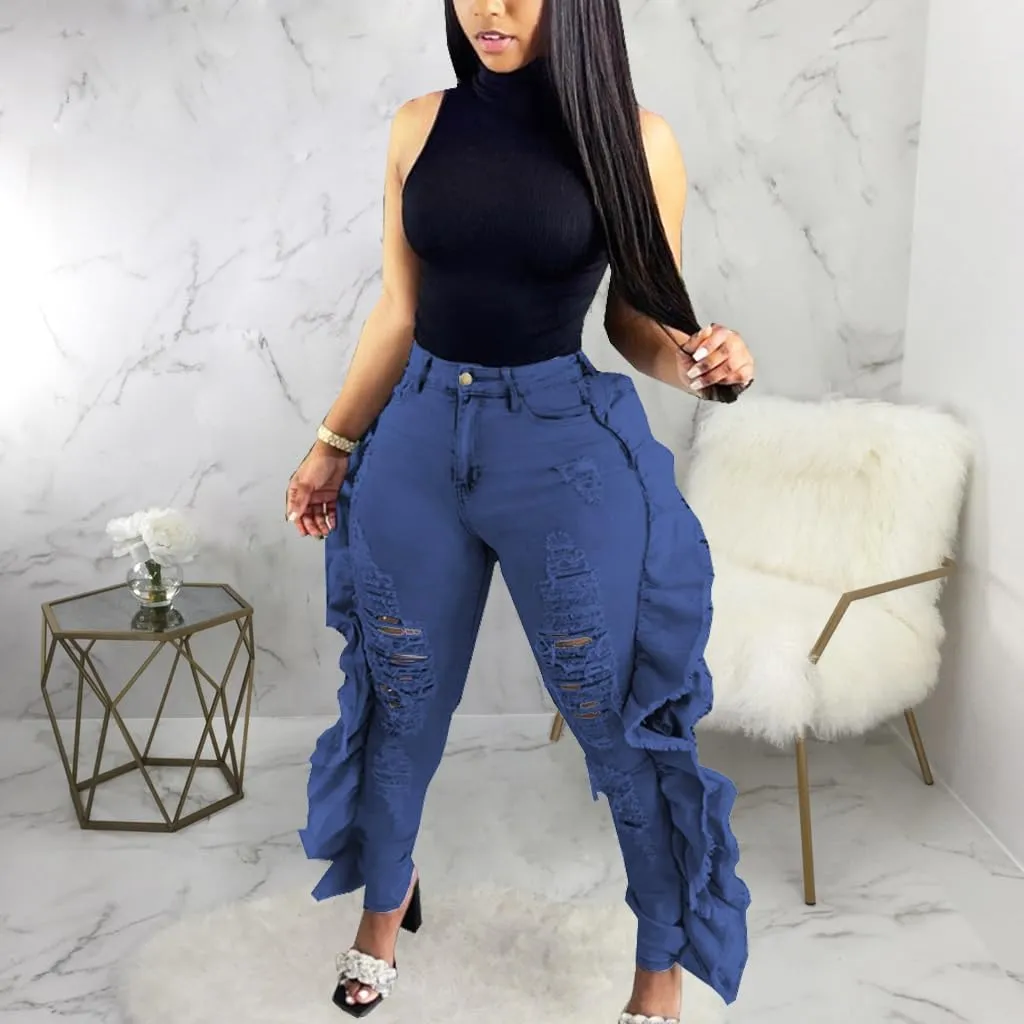 Skinny Jeans for Women High Waisted Ripped Hole Side Ruffle Raw Hem Distressed Classic Denim Jean Pants