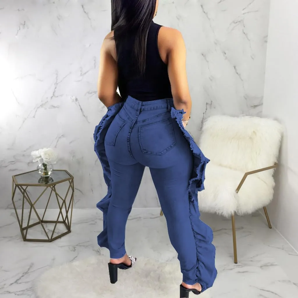 Skinny Jeans for Women High Waisted Ripped Hole Side Ruffle Raw Hem Distressed Classic Denim Jean Pants
