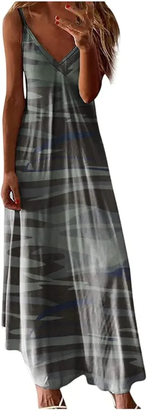 SMIDOW Boho Dresses for Women 2024 Trendy Floral Print Spaghetti Strap Maxi Dress Sexy v Neck Flowy Beach Long Sundress