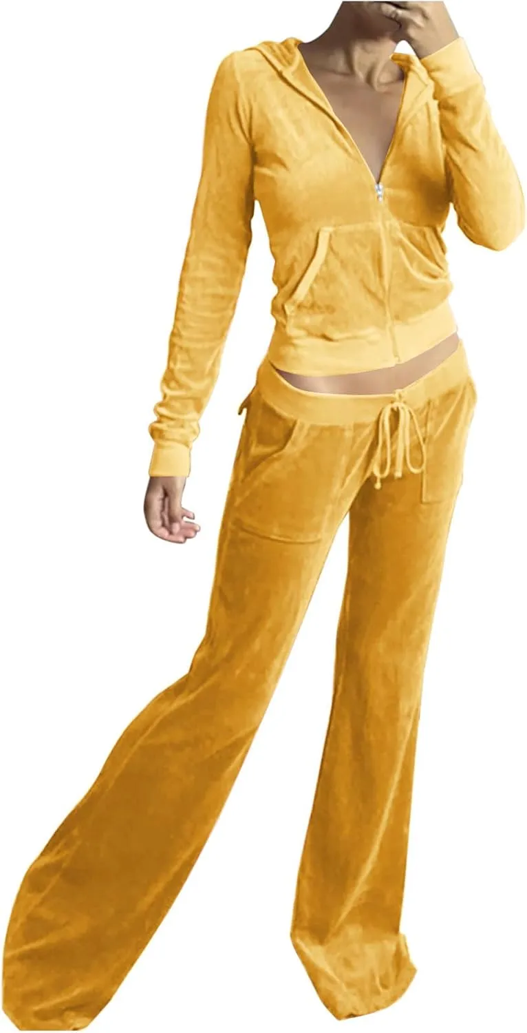 Stessotudo Lounge Sets for Women Zip Up Casual 2 Piece Pant Sets Long Sleeve Hooded Sweatshirts Comfy Velvet Fashion Outfits