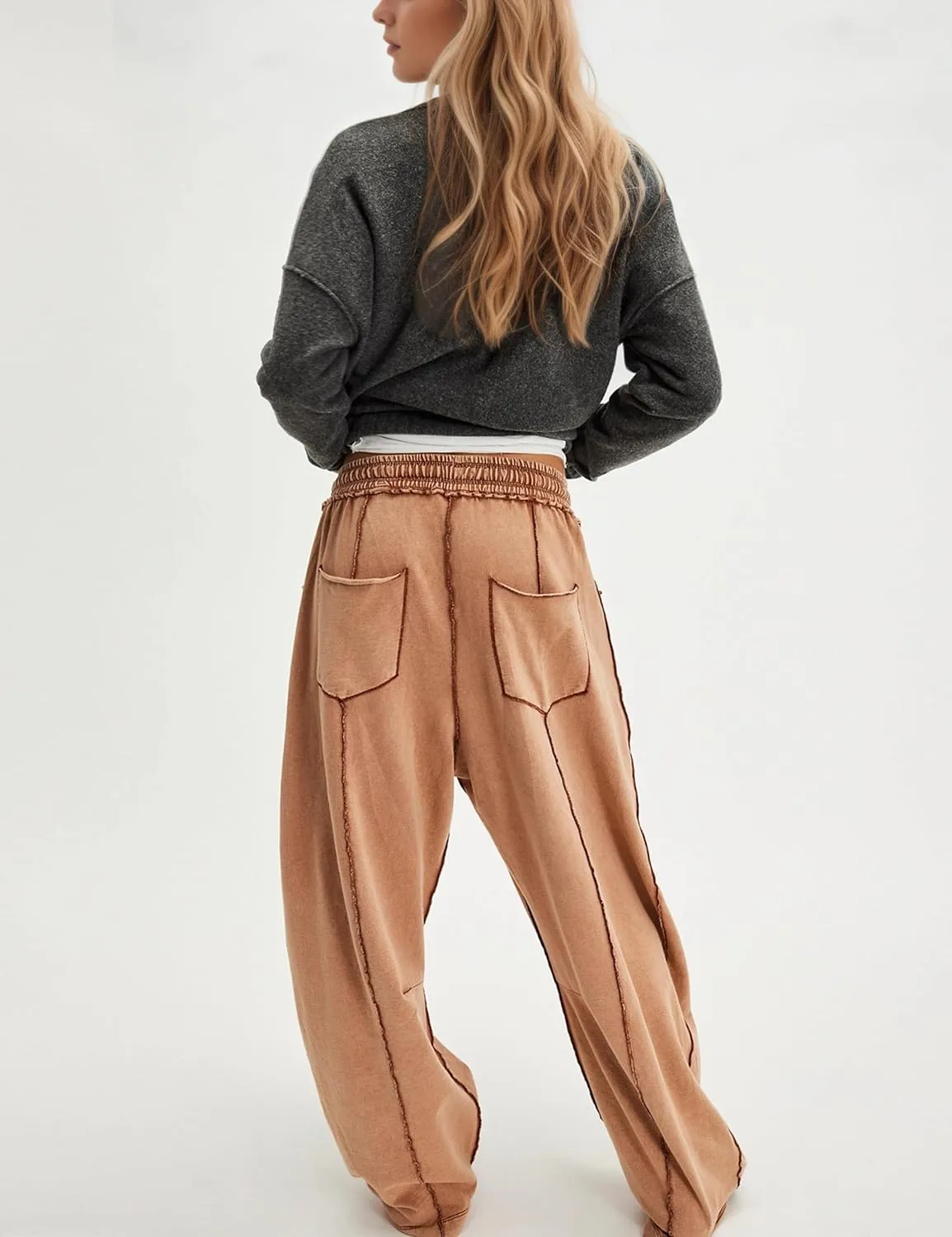 Summer Casual Wide Leg Pants for Women Drawstring Baggy Barrel Sweatpants High Waist Palazzo Lounge Pant with Pockets