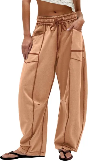 Summer Casual Wide Leg Pants for Women Drawstring Baggy Barrel Sweatpants High Waist Palazzo Lounge Pant with Pockets