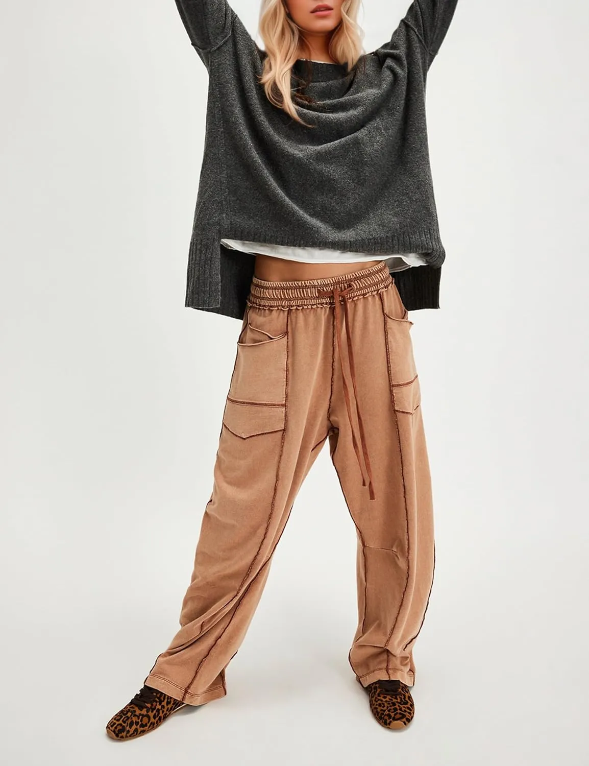 Summer Casual Wide Leg Pants for Women Drawstring Baggy Barrel Sweatpants High Waist Palazzo Lounge Pant with Pockets