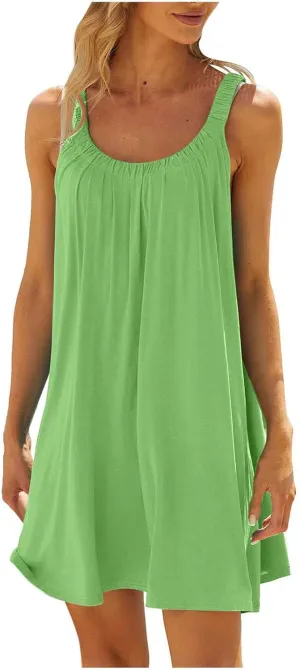 Sun Dresses Women Sleeveless Crewneck Mini Dress Ruffle Summer Beach Coverup Sundress Casual Hawaiian Outfits