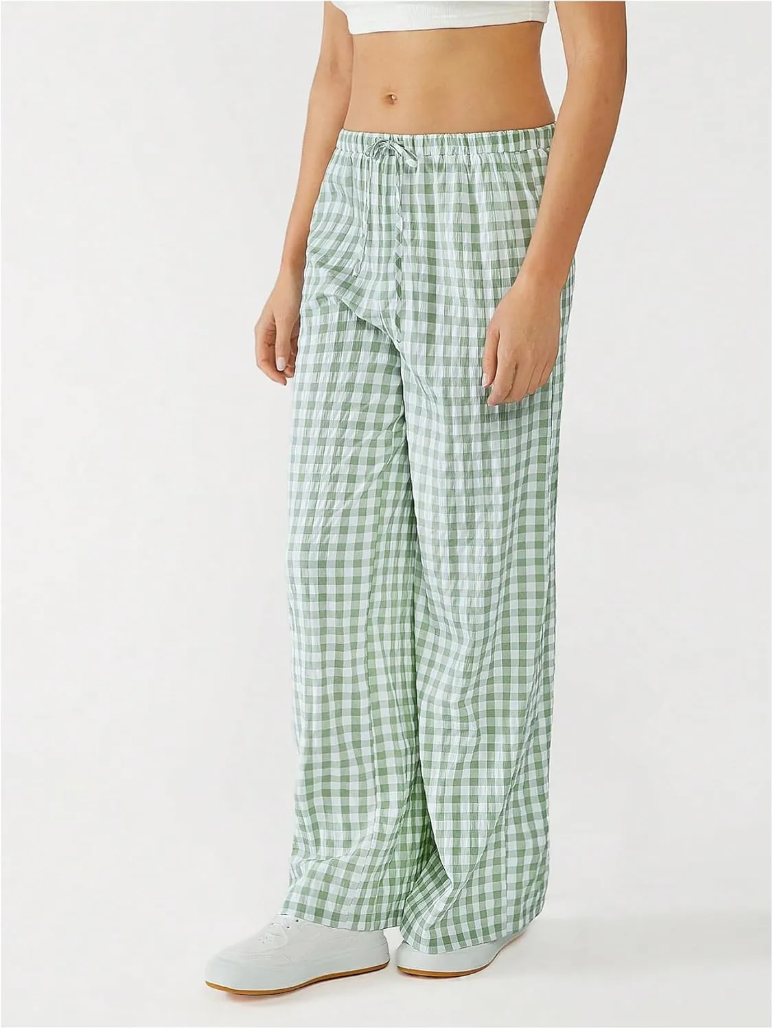 SweatyRocks Women's Casual Drawstring Waist Wide Leg Plaid Pants Long Trousers Baggy Sweatpants