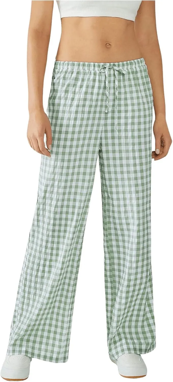 SweatyRocks Women's Casual Drawstring Waist Wide Leg Plaid Pants Long Trousers Baggy Sweatpants