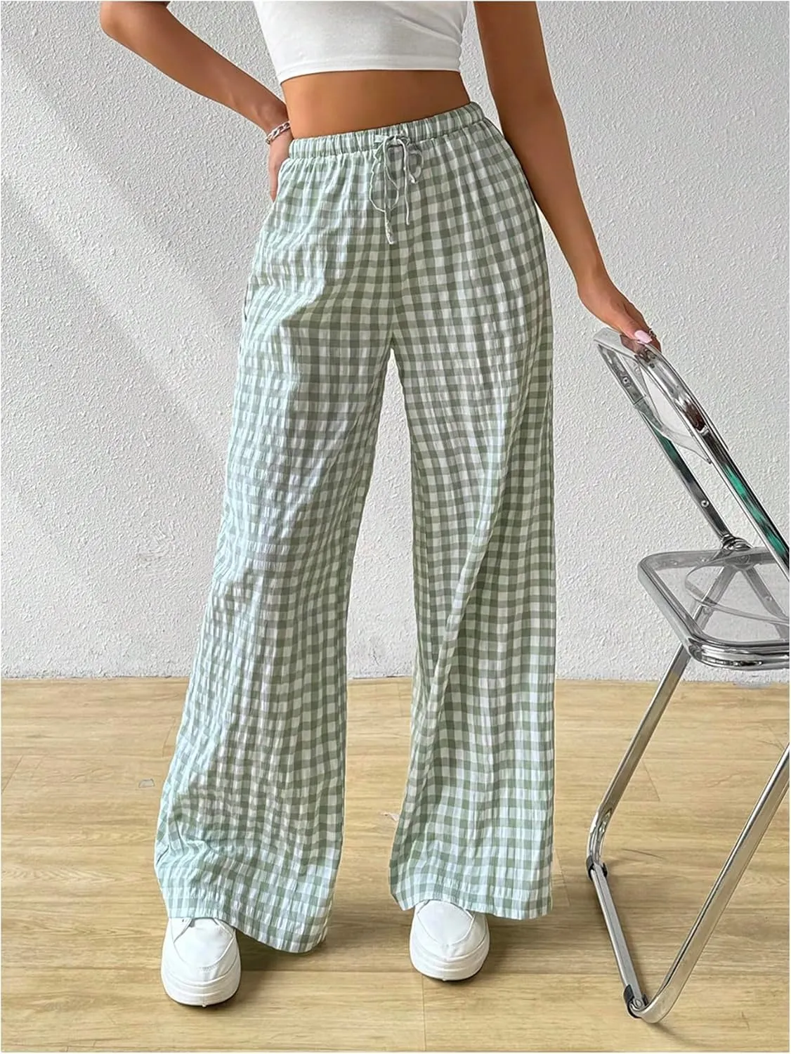 SweatyRocks Women's Casual Drawstring Waist Wide Leg Plaid Pants Long Trousers Baggy Sweatpants